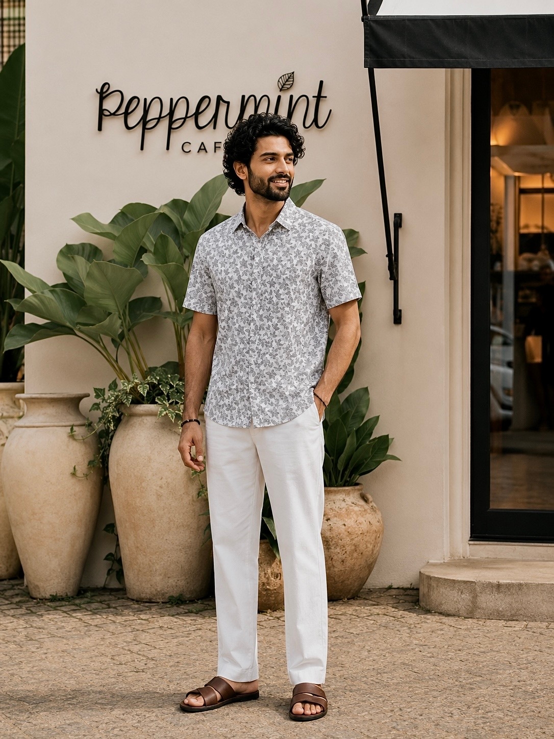 Men's Grey Floral Linen Shirt